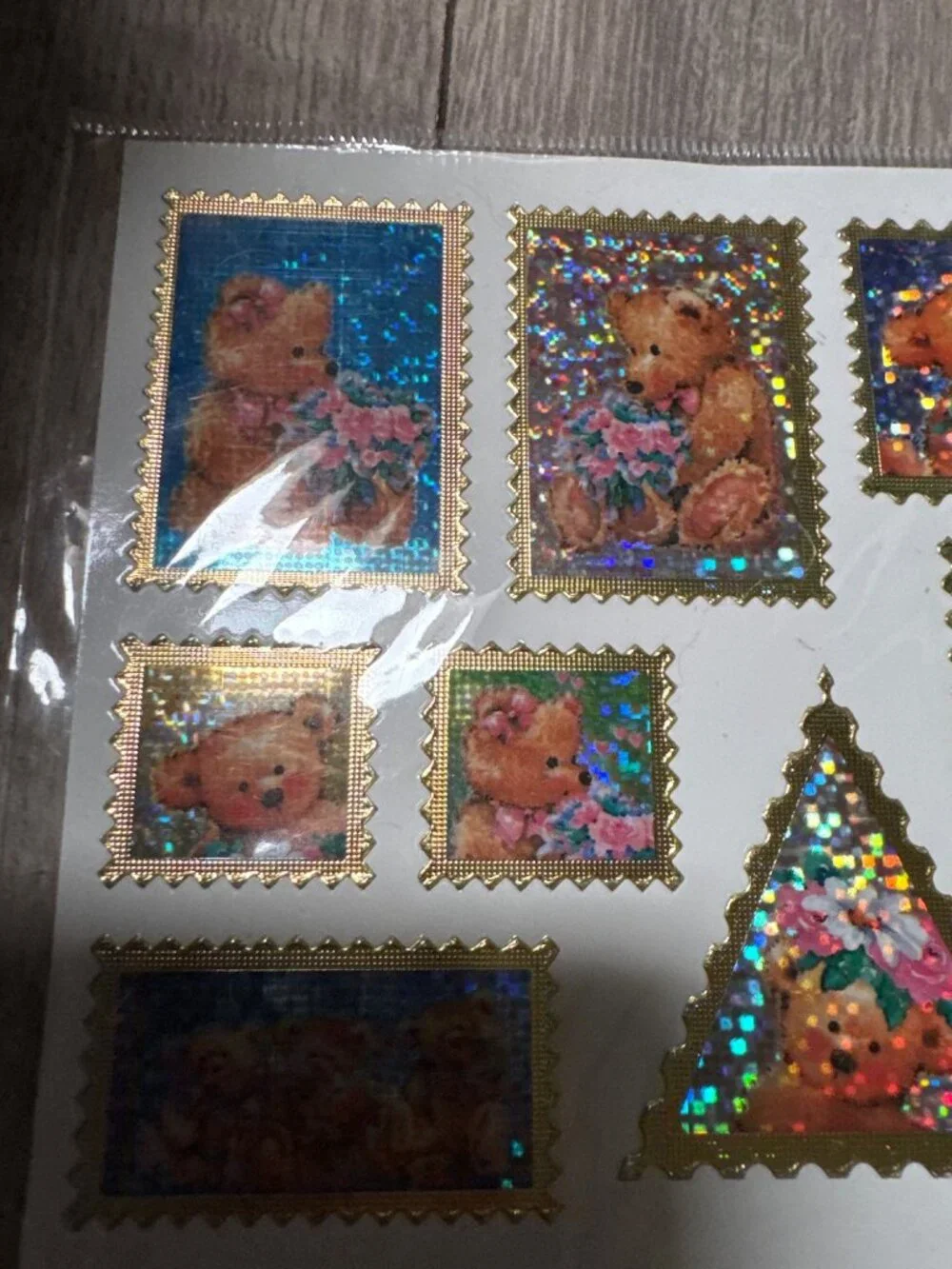 Vintage Holographic Teddy Bear Stamp Stickers With Gold Foil Borders - 2002 Coll